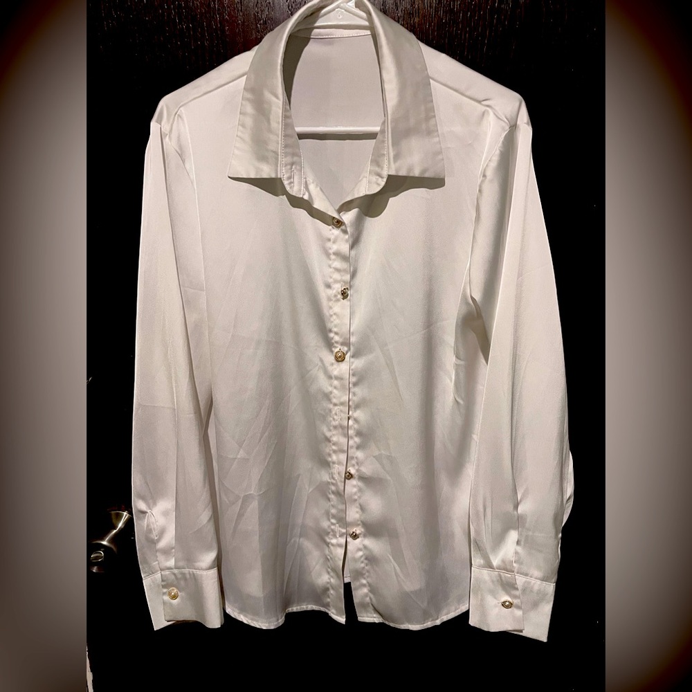 Satin white Dress Blouse with gold buttons. Sz L